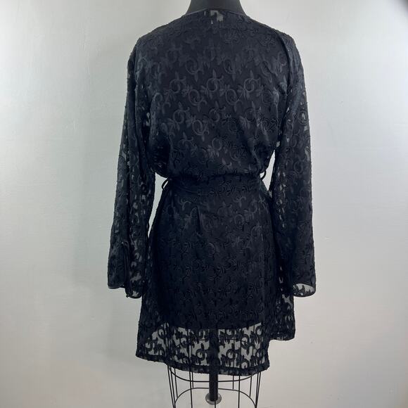 VTG Jones New York Black Wrap Robe Floral Lace Long Sleeve Drop Shoulder L/XL - Picture 5 of 7